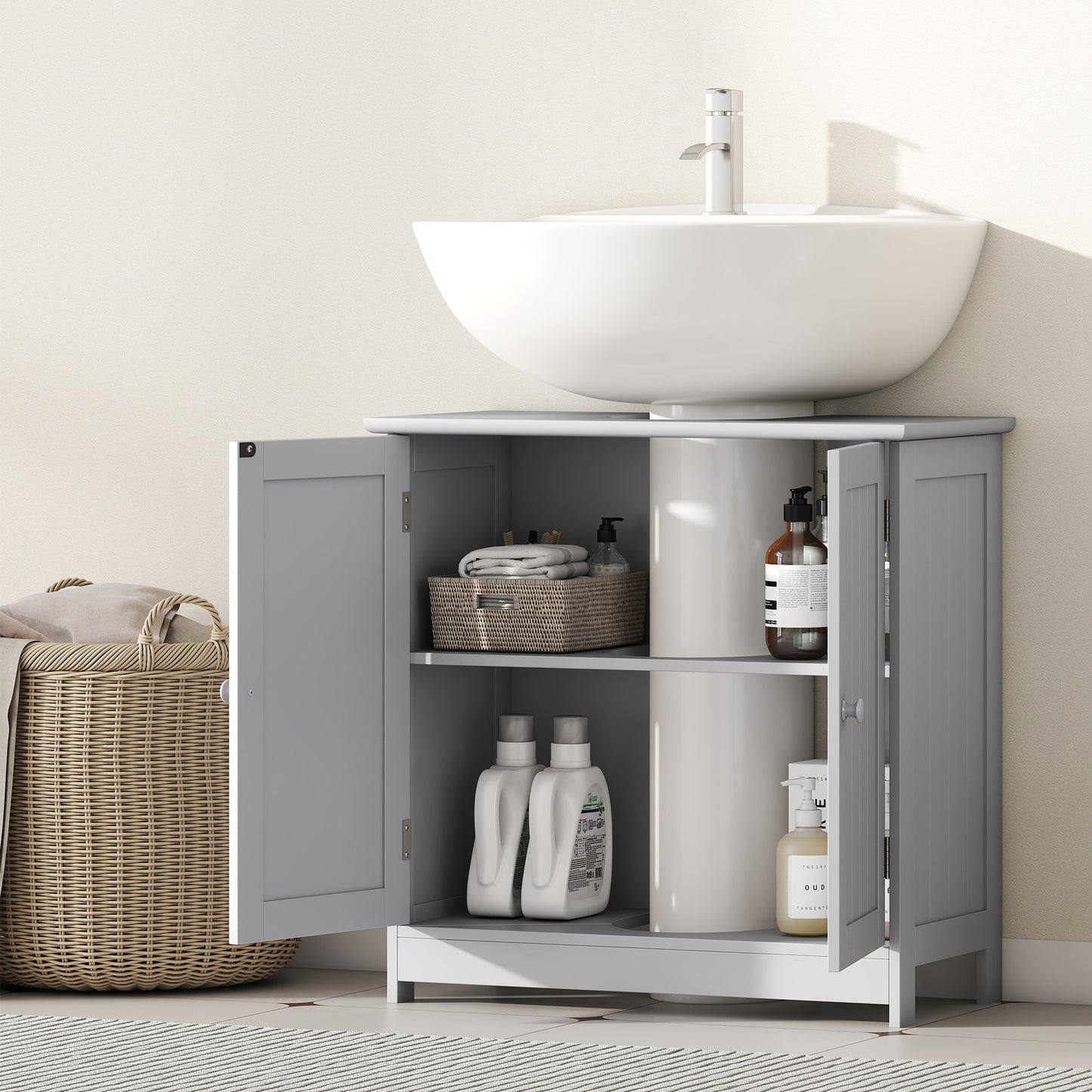 Under Sink Bathroom Storage Cabinet for Pedestal Sinks - Space Saving Vanity Organizer with Adjustable Shelf, Light Gray