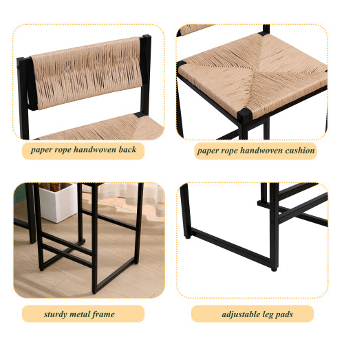 Farmhouse Woven Bar Stools Set of 2 - Natural Paper Rope Seat with Black Metal Frame, Counter Height Kitchen & Island Chairs