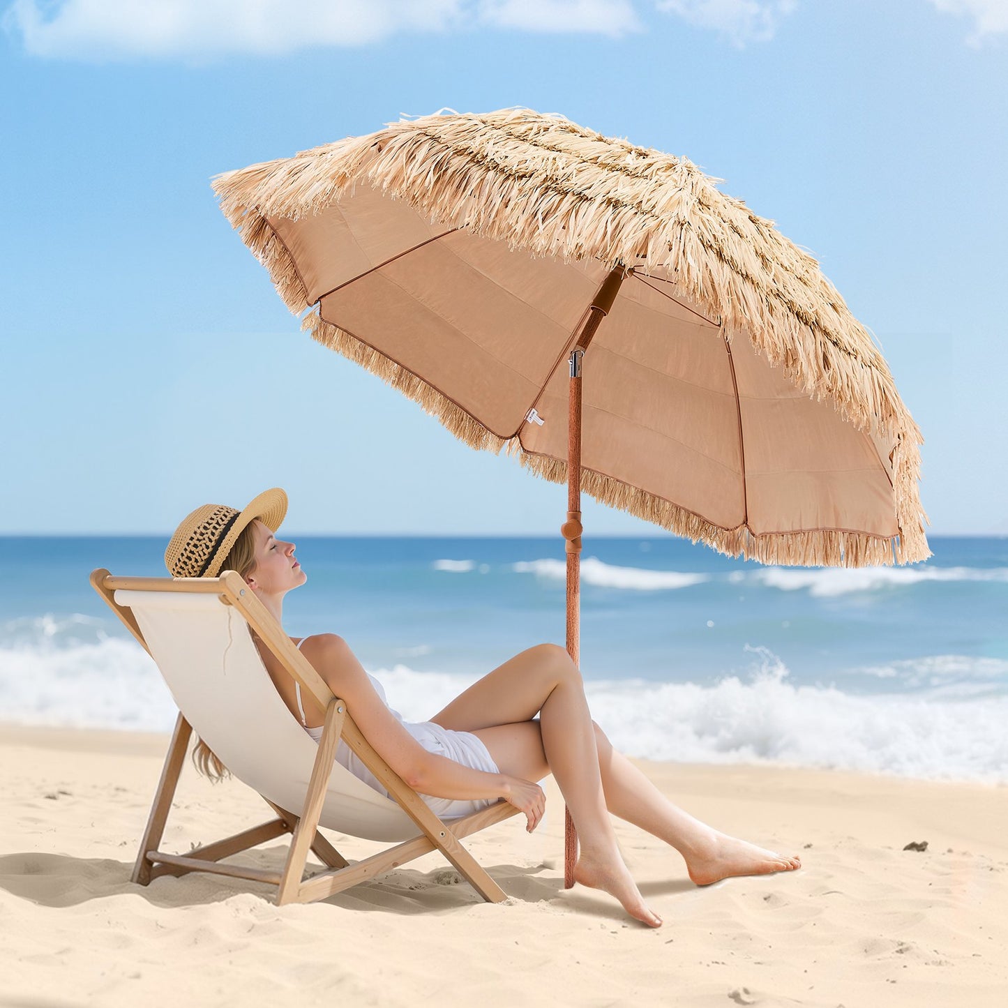 Tiki Beach Umbrella with Tilt - 6.5 ft Thatched Patio Umbrella for Pool, Deck & Tropical Outdoor Spaces