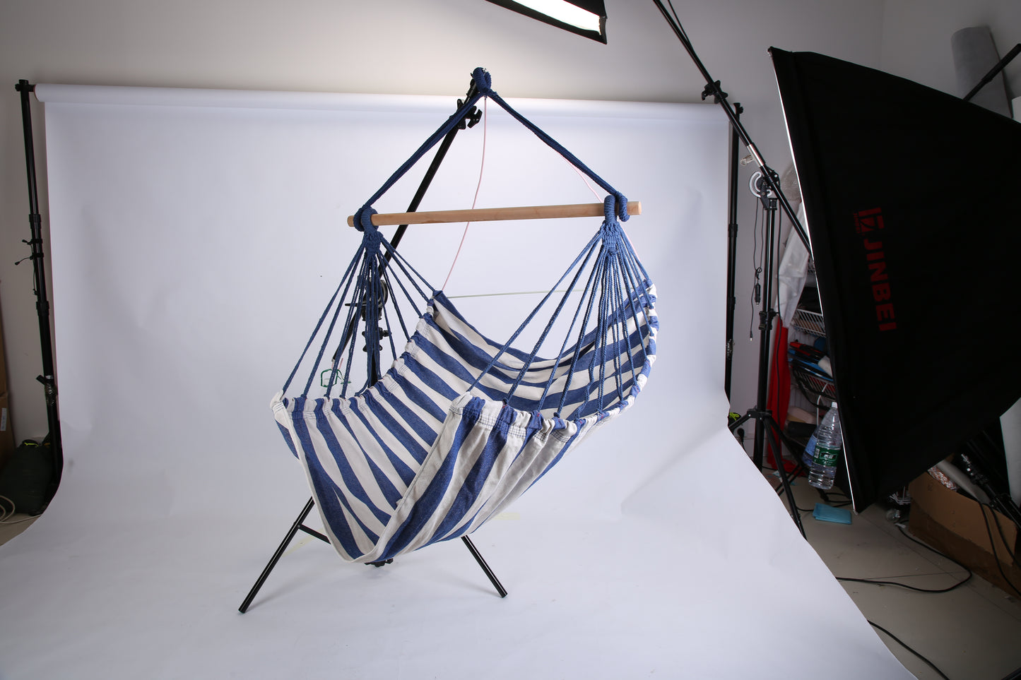 Striped Hanging Hammock Chair with Pillows - Canvas Swing Seat with Wooden Bar, Portable Indoor/Outdoor Rope Chair (Blue/Red)