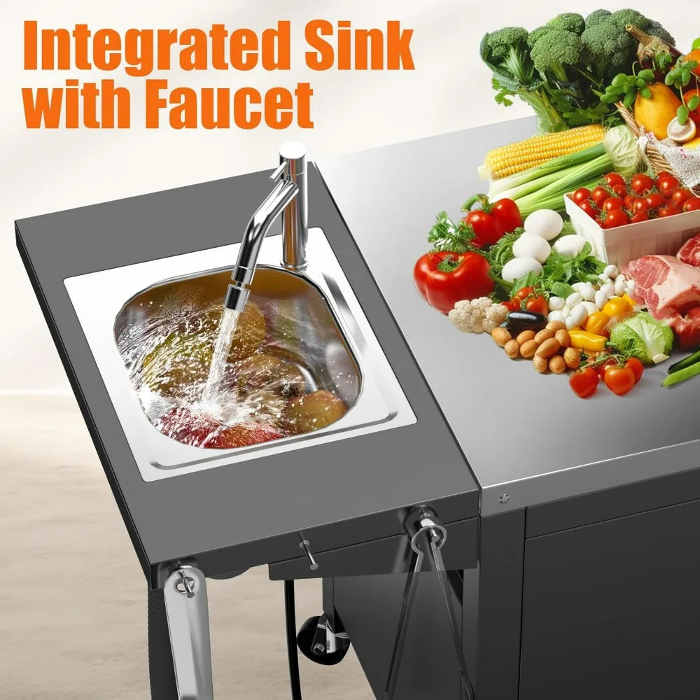 Compact 30" Outdoor Kitchen Island with Fold-Out Sink & 304 Stainless Steel Top