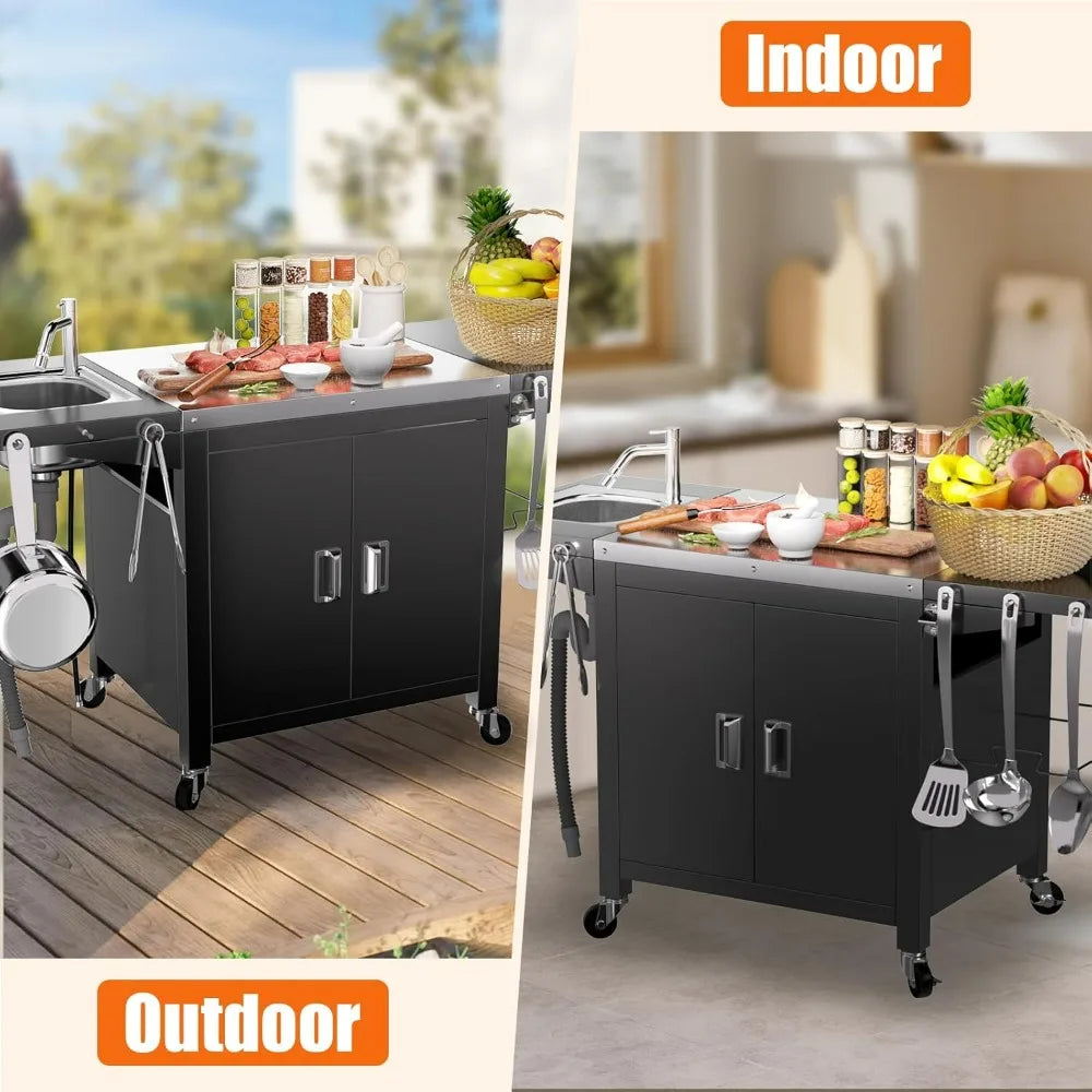 Compact 30" Outdoor Kitchen Island with Fold-Out Sink & 304 Stainless Steel Top