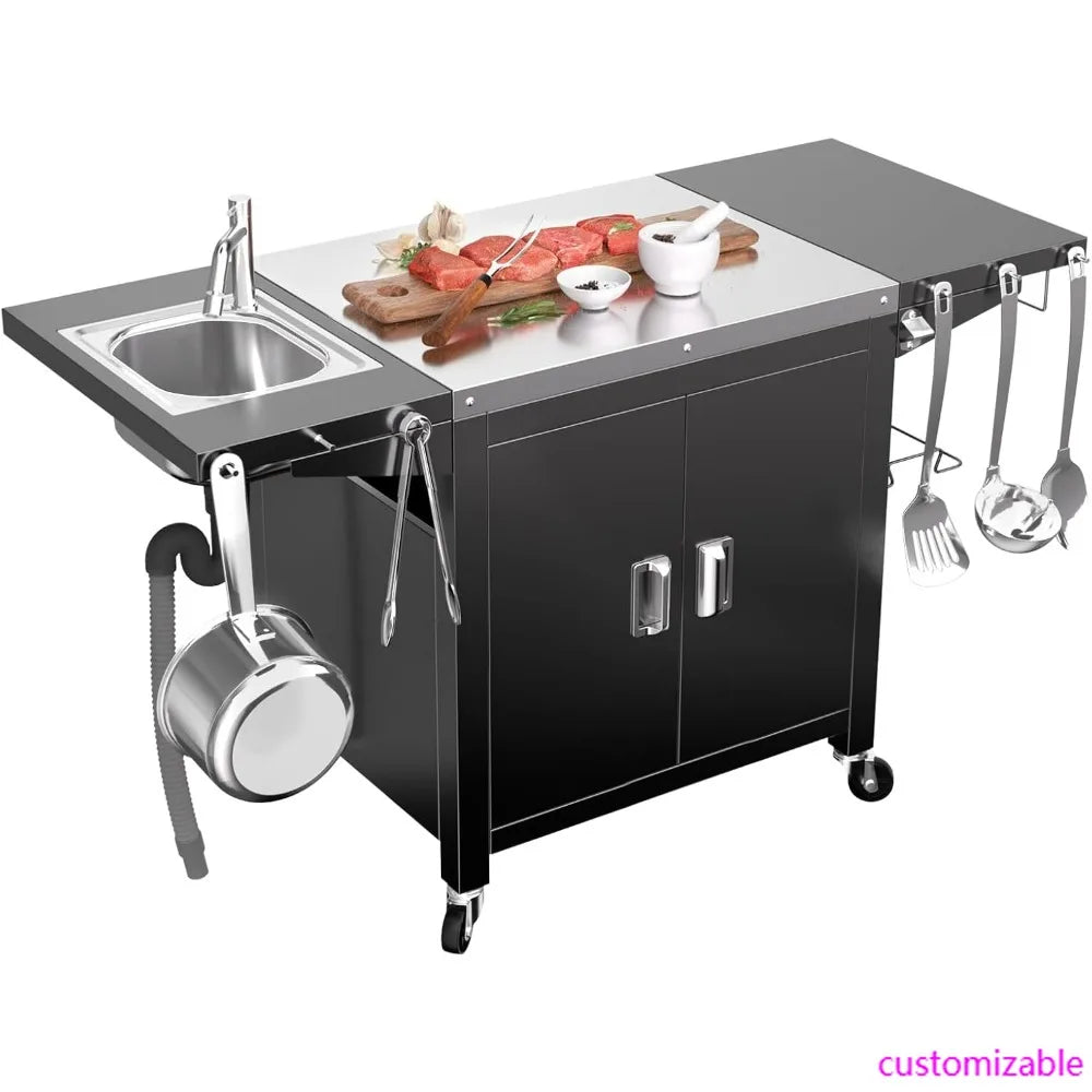 Compact 30" Outdoor Kitchen Island with Fold-Out Sink & 304 Stainless Steel Top
