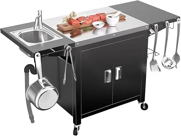 Compact 30" Outdoor Kitchen Island with Fold-Out Sink & 304 Stainless Steel Top