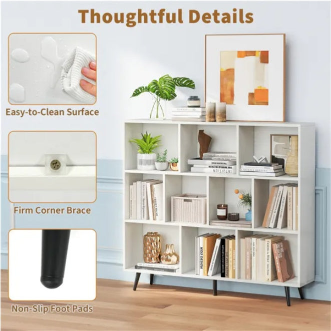 Modern 10-Cube Storage Bookcase with Metal Legs - 3-Tier Organizer Shelf (White/Black)