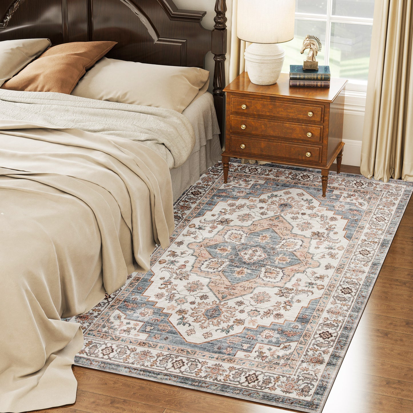 4x6 Vintage Washable Area Rug - Non-Slip Soft Carpet for Living Room, Bedroom & Dining Room (Blue & Beige)