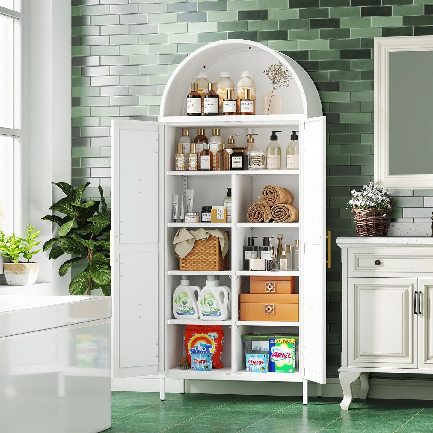 Modern Arched Storage Cabinet with Doors - Tall White Pantry Organizer with Adjustable Shelves | Kitchen, Dining, Bathroom or Living Room