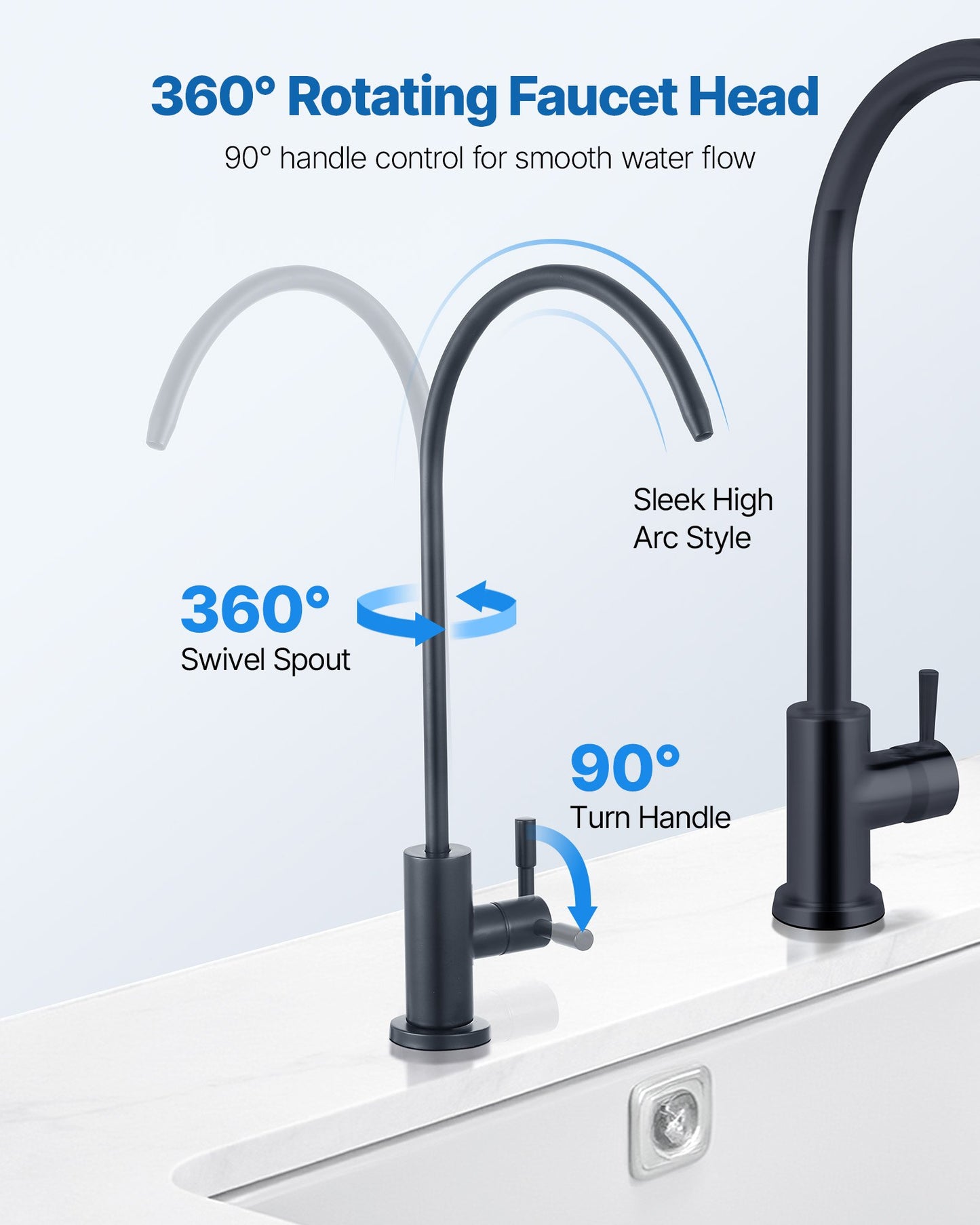 Matte Black Drinking Water Faucet - 360 degree Rotating Stainless Steel Filter Faucet for Reverse Osmosis Systems