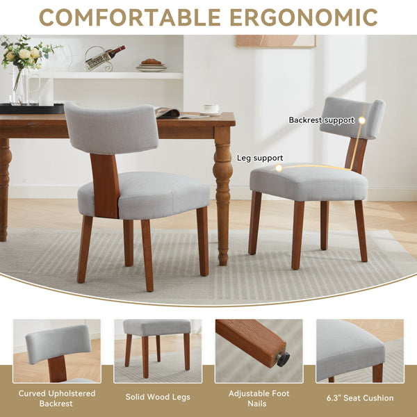 Modern Linen Dining Chairs Set of 2 - Upholstered Armless Chairs with Curved Backrest & Solid Wood Legs - Gray