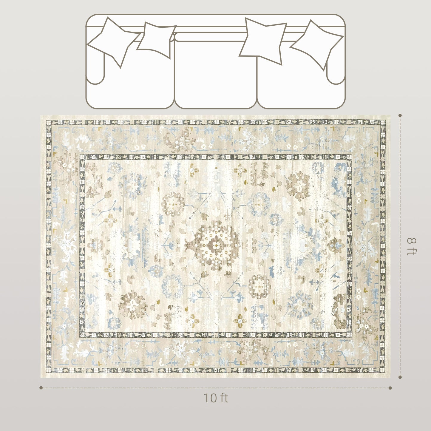 8x10 Vintage Boho Area Rug - Soft Washable Low Pile Carpet, Neutral Cream with Subtle Blue Accents
