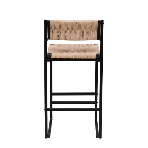 Farmhouse Woven Bar Stools Set of 2 - Natural Paper Rope Seat with Black Metal Frame, Counter Height Kitchen & Island Chairs
