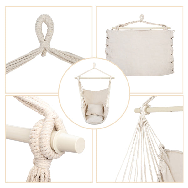 Boho Cotton Canvas Hanging Chair with 2 Pillows - Beige Hammock Swing Chair for Indoor & Outdoor Decor