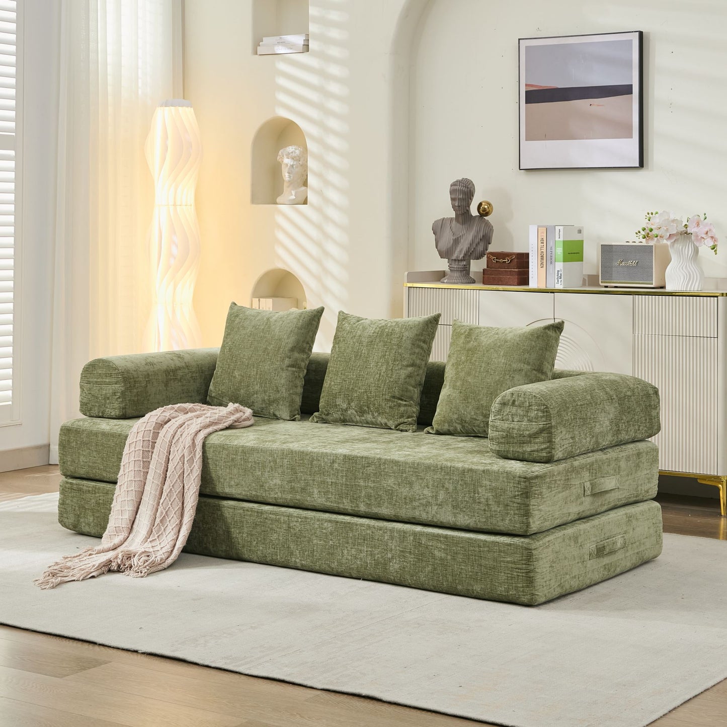 Convertible Floor Sofa Bed - Foldable Chenille Couch with Armrests & Pillows, Space-Saving Lounge Sleeper (Green)