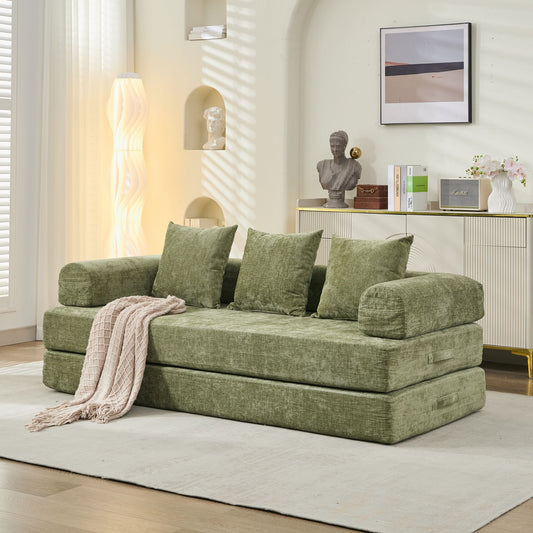 Convertible Floor Sofa Bed - Foldable Chenille Couch with Armrests & Pillows, Space-Saving Lounge Sleeper (Green)