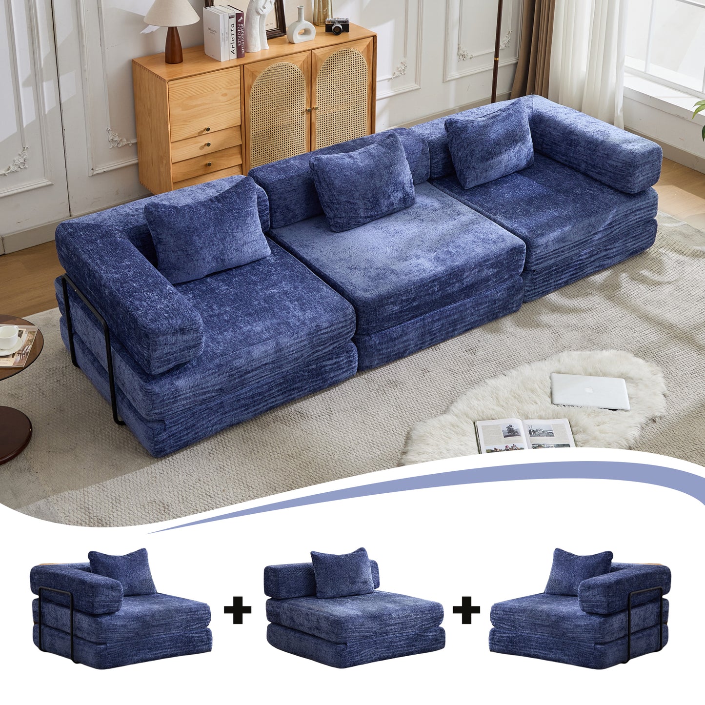 Modular Compression Sofa Bed - 3-Seat Convertible Chenille Sectional with Memory Foam, No Assembly (Blue)