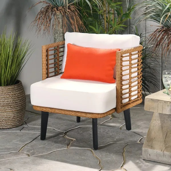 Woven Outdoor Club Chair with Cushions - Modern Rattan Accent Chair for Patio, Porch & Lounge Spaces