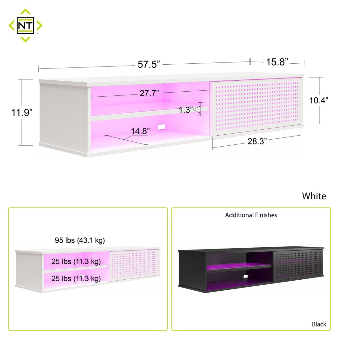 Floating TV Stand with LED Lights - Wall Mounted Gaming Media Console (Up to 60" TVs, White)