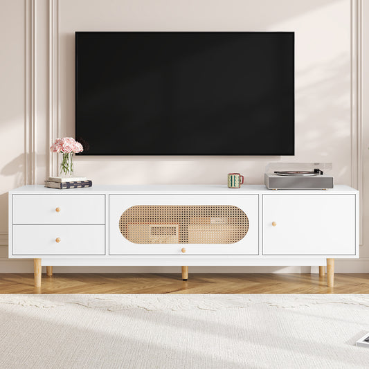The "Grand Vista" 70" Boho-Rattan Console | Extra-Wide Media Center with Pine Wood Accents