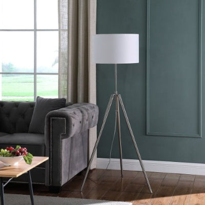 Mid-Century Adjustable Tripod Floor Lamp - Chrome Silver Metal Standing Lamp with Drum Shade, 47" - 64" Height