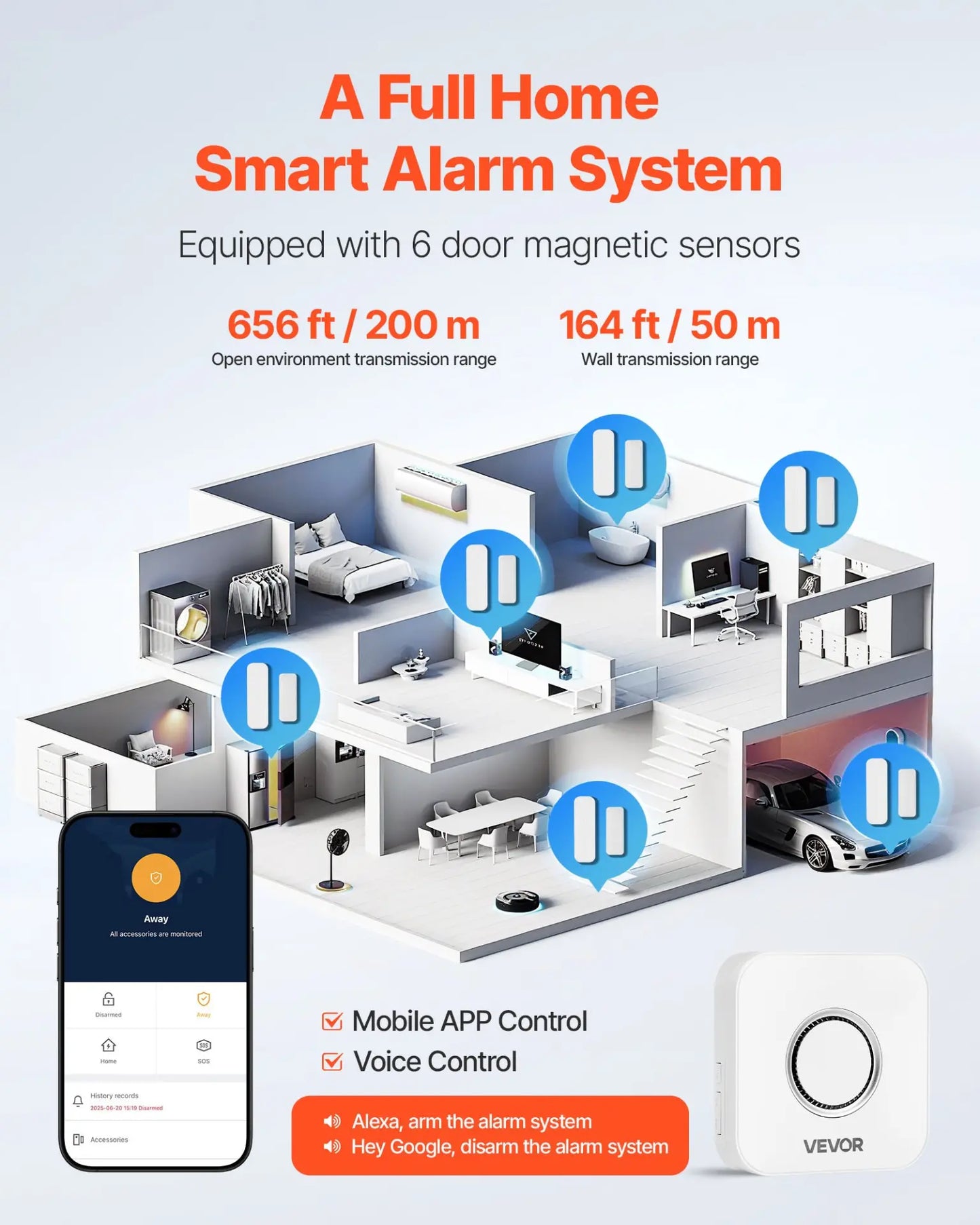 VEVOR Smart Wireless Door Chime System – 6 Sensors & App-Controlled Receiver
