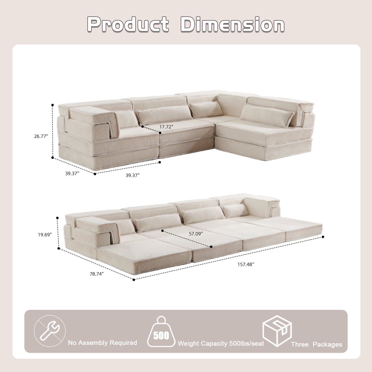 Oversized Modular Floor Sofa Bed - 4 Seat Memory Foam Sectional (118" Convertible Couch, No Assembly) - White