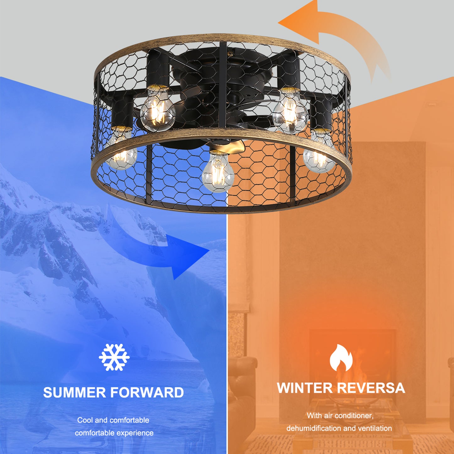 20" Industrial Caged Ceiling Fan with Light - Black Flush Mount, Remote Control, Reversible DC Motor