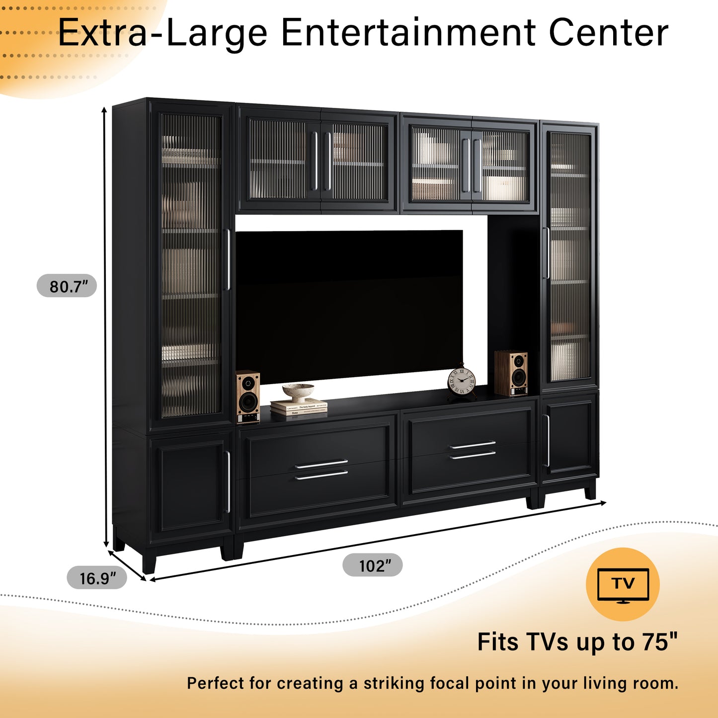 Vibe Haus 102" Black Wall Unit Entertainment Center - Modern Media Console with Glass Cabinets & Storage (Fits up to 75" TVs)