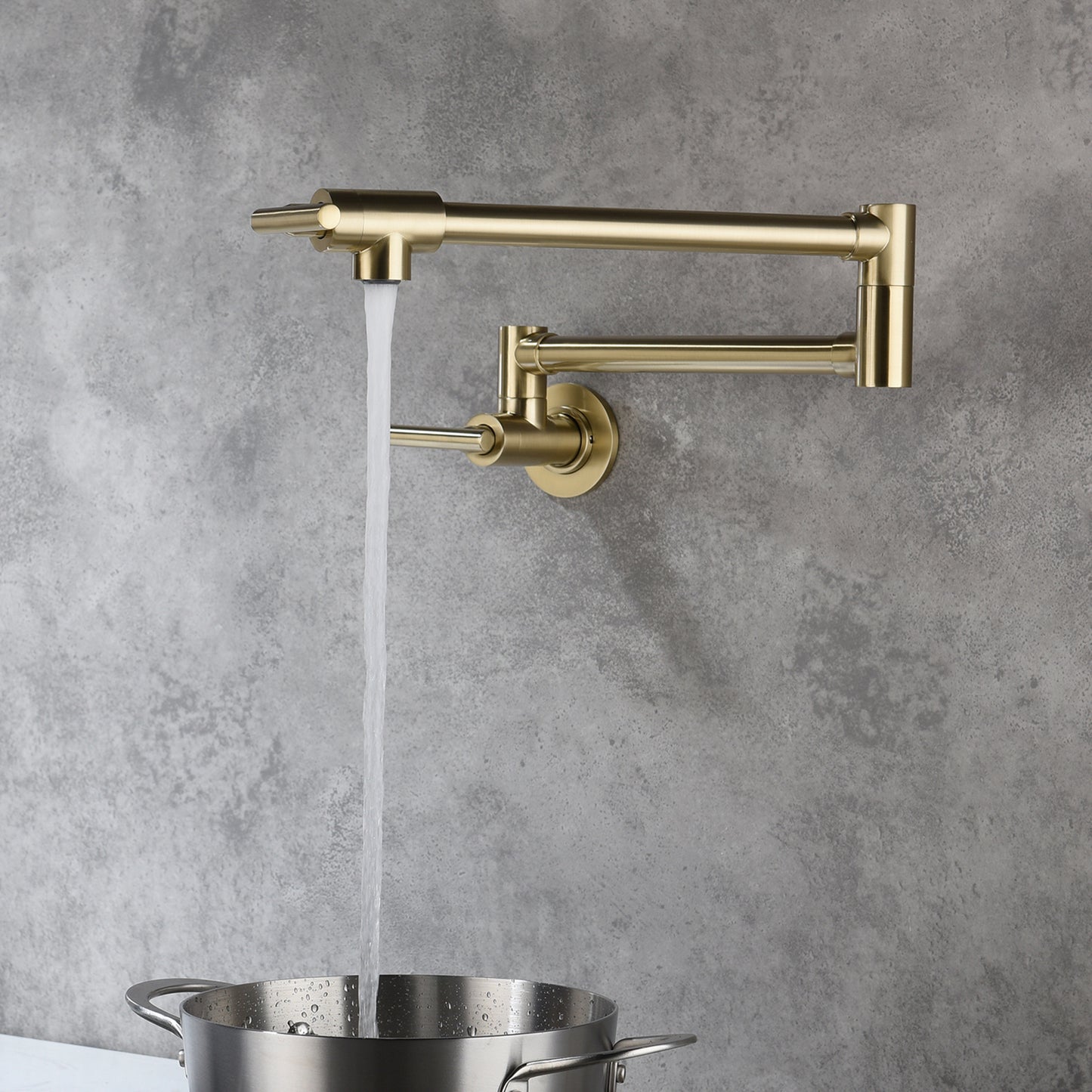 Brushed Gold Wall Mount Pot Filler Faucet | Dual Handle Folding Kitchen Faucet with 360 degree Swivel