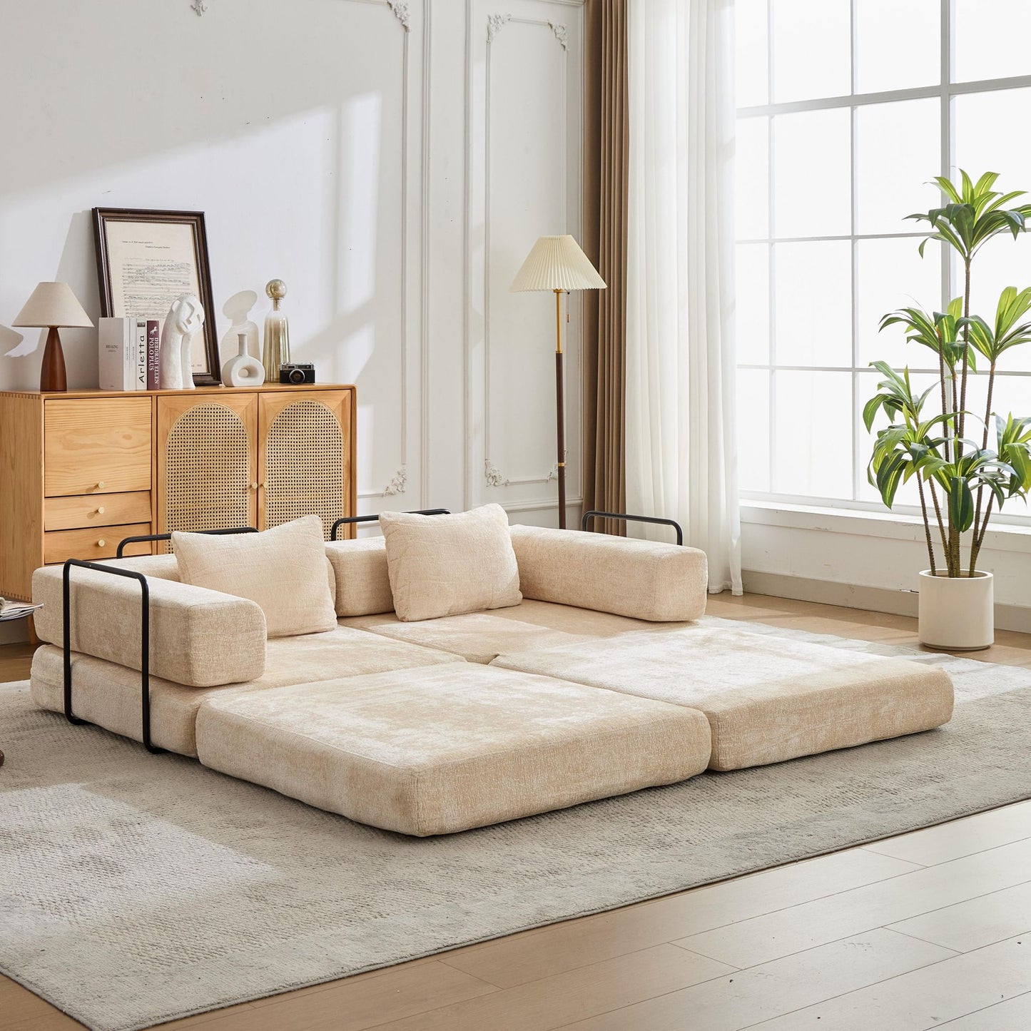Convertible Floor Sofa Bed - Beige Modular Memory Foam Loung Couch (78" Sleeper)