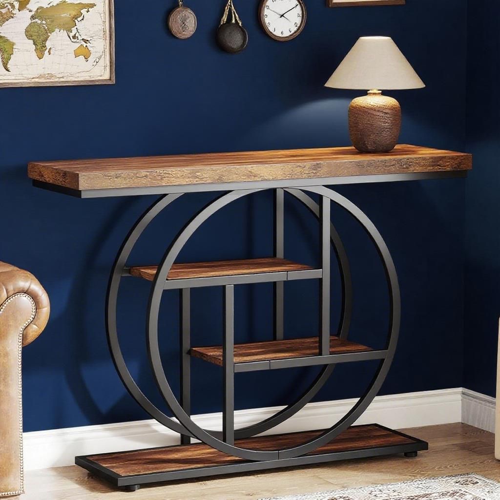 Rustic Industrial Circle Console Table - 41" Entryway Sofa Table with Multi-Tier Shelves