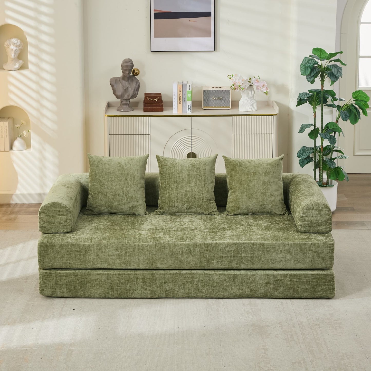 Convertible Floor Sofa Bed - Foldable Chenille Couch with Armrests & Pillows, Space-Saving Lounge Sleeper (Green)