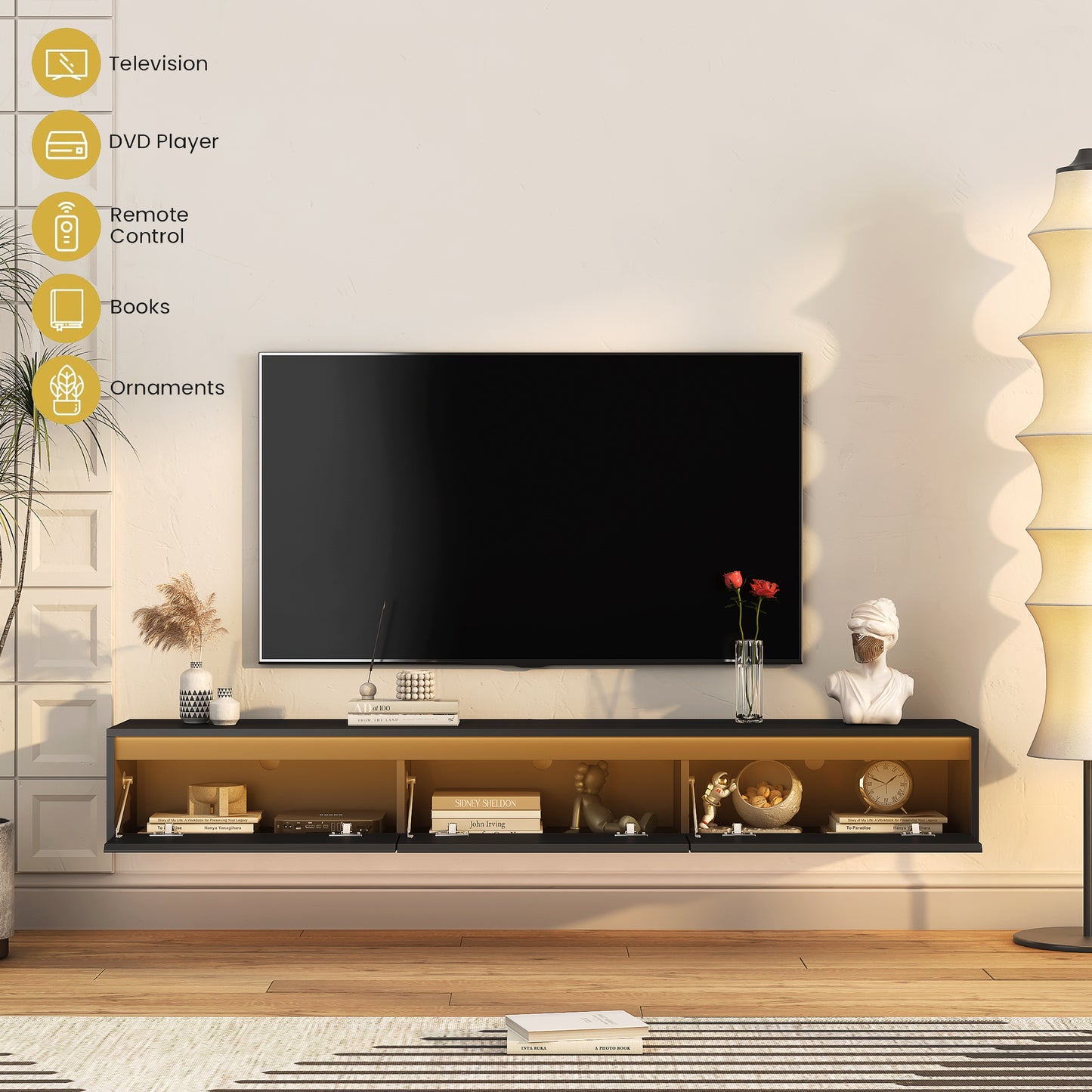 Floating TV Stand with LED Lights - Wall Mounted Entertainment Center with Storage Shelves, Power Outlets & USB Ports (Black High Gloss)