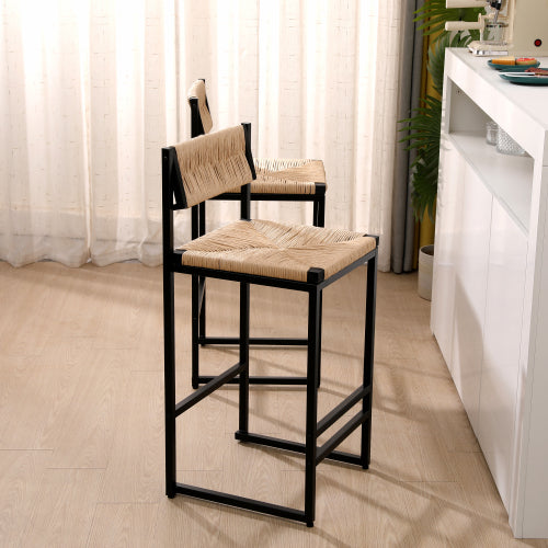 Farmhouse Woven Bar Stools Set of 2 - Natural Paper Rope Seat with Black Metal Frame, Counter Height Kitchen & Island Chairs