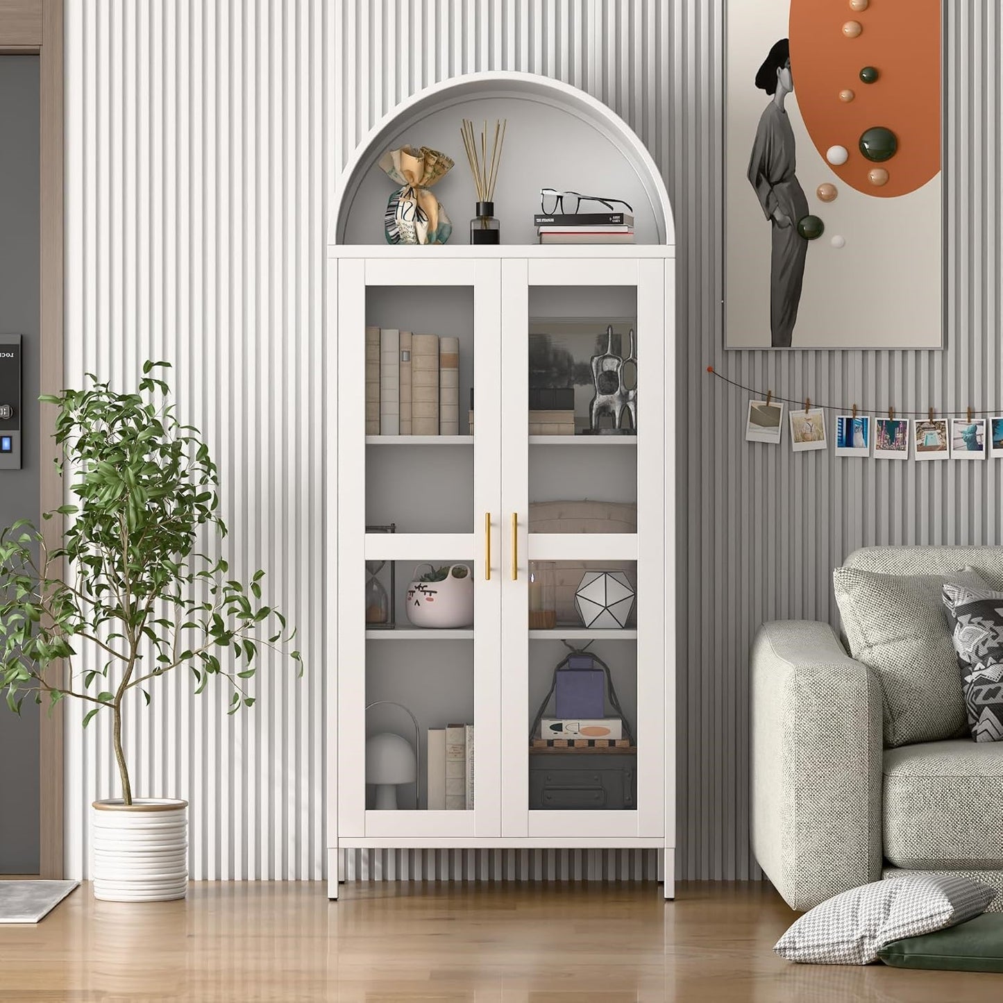 Modern Arched Storage Cabinet with Glass Doors - Tall White Display Pantry Organizer with Adjustable Shelves & Metal Frame