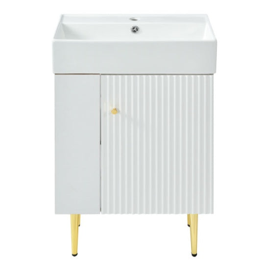 Modern 21.6" Bathroom Vanity with Sink - White Cabinet, Gold Legs & Side Storage for Small Spaces