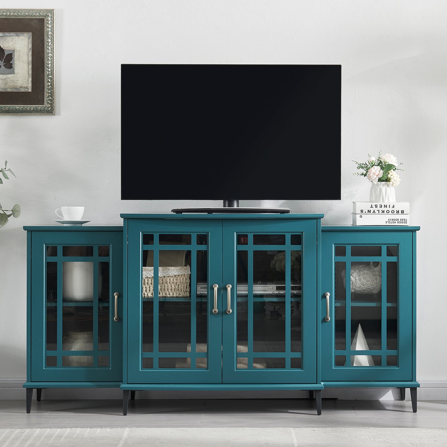The "Artisan Teal" 62" Buffet & Media Console | Geometric Glass Doors with 8-Leg Stability System