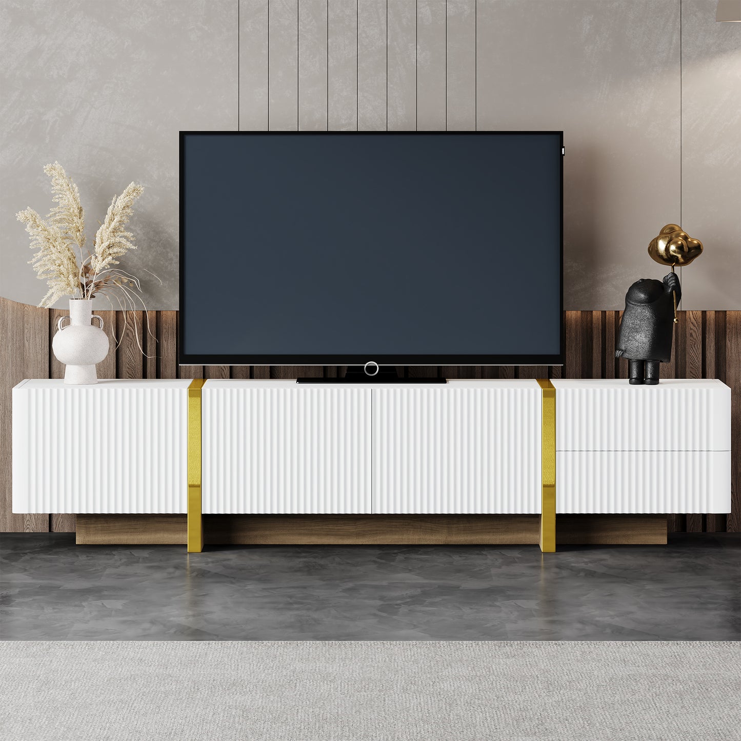 Modern Fluted TV Stand for TVs up to 80" - White Entertainment Center with Storage Cabinets & Drawers | Mid-Century Media Console with Wood Grain Legs