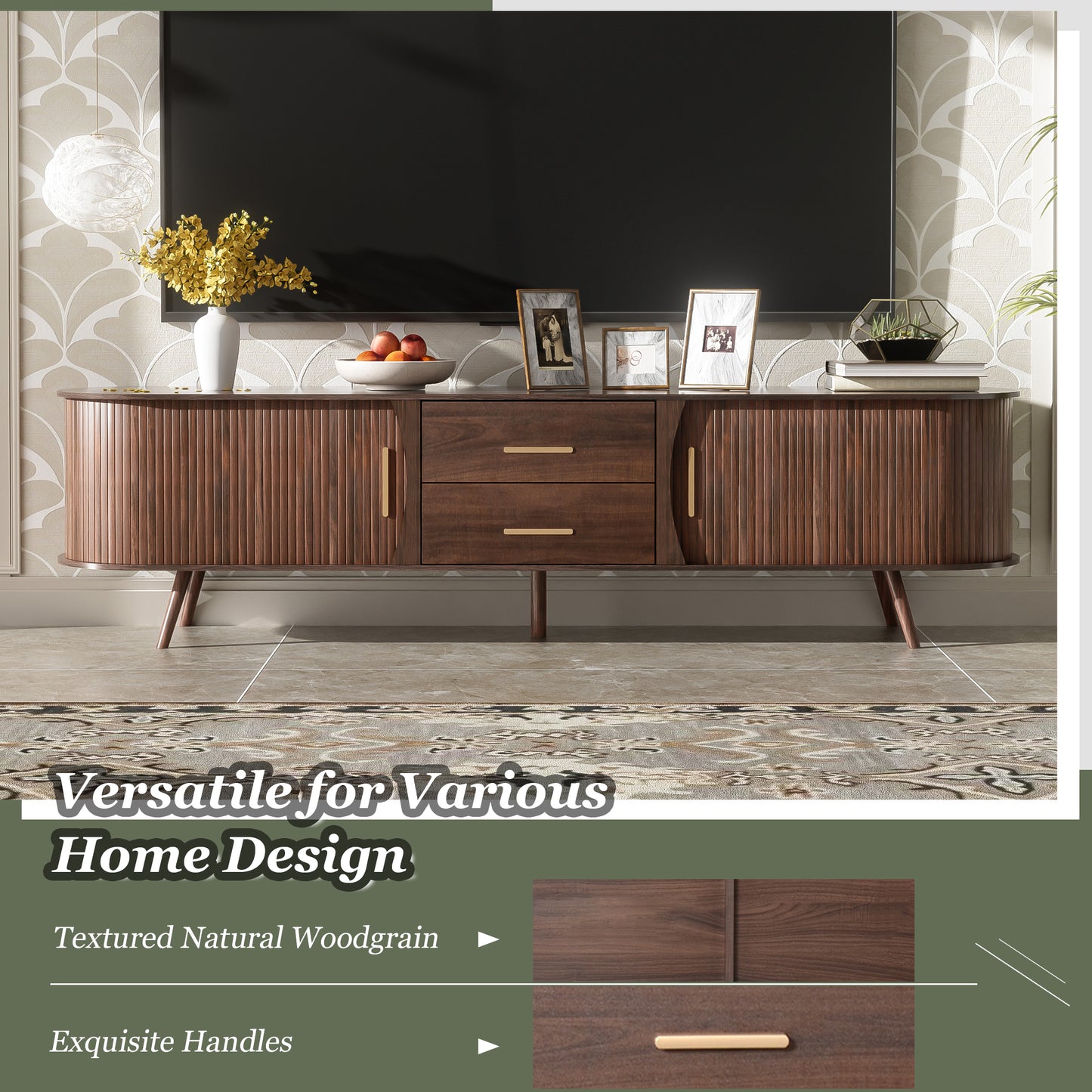 The "Horizon Oval" 71" Mid-Century Console | Solid Wood Leg Media Center with Space-Saving Sliding Doors