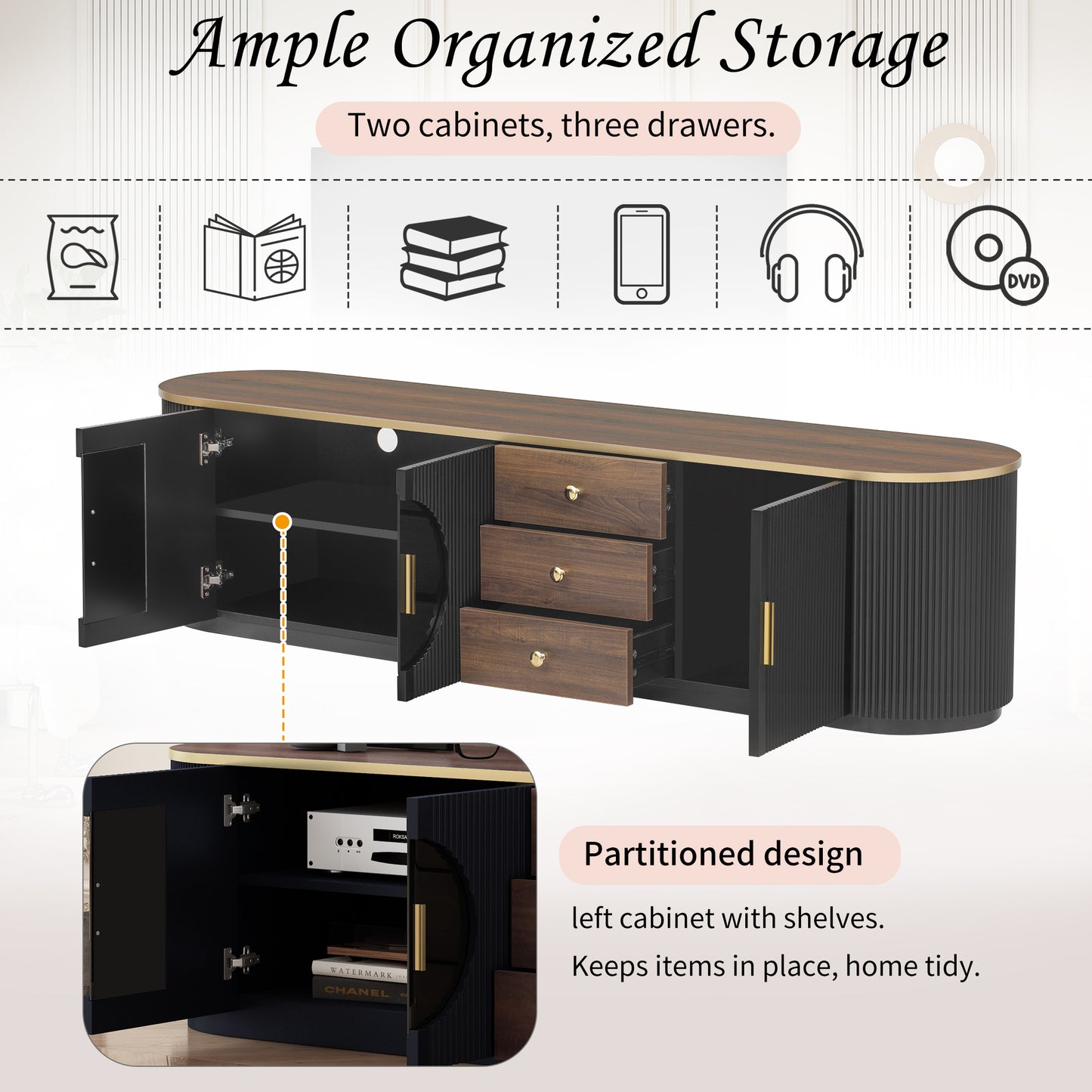 The "Vibe Haus" 70" Ultra-Wide Entertainment Center | Modern Fluted Console with Gold Accents