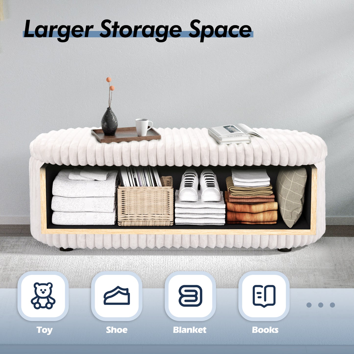 White Upholstered Storage Bench Ottoman - Ribbed Flip-Top Entryway Bench with Hidden Storage, MDF Frame & 400 lb Capacity