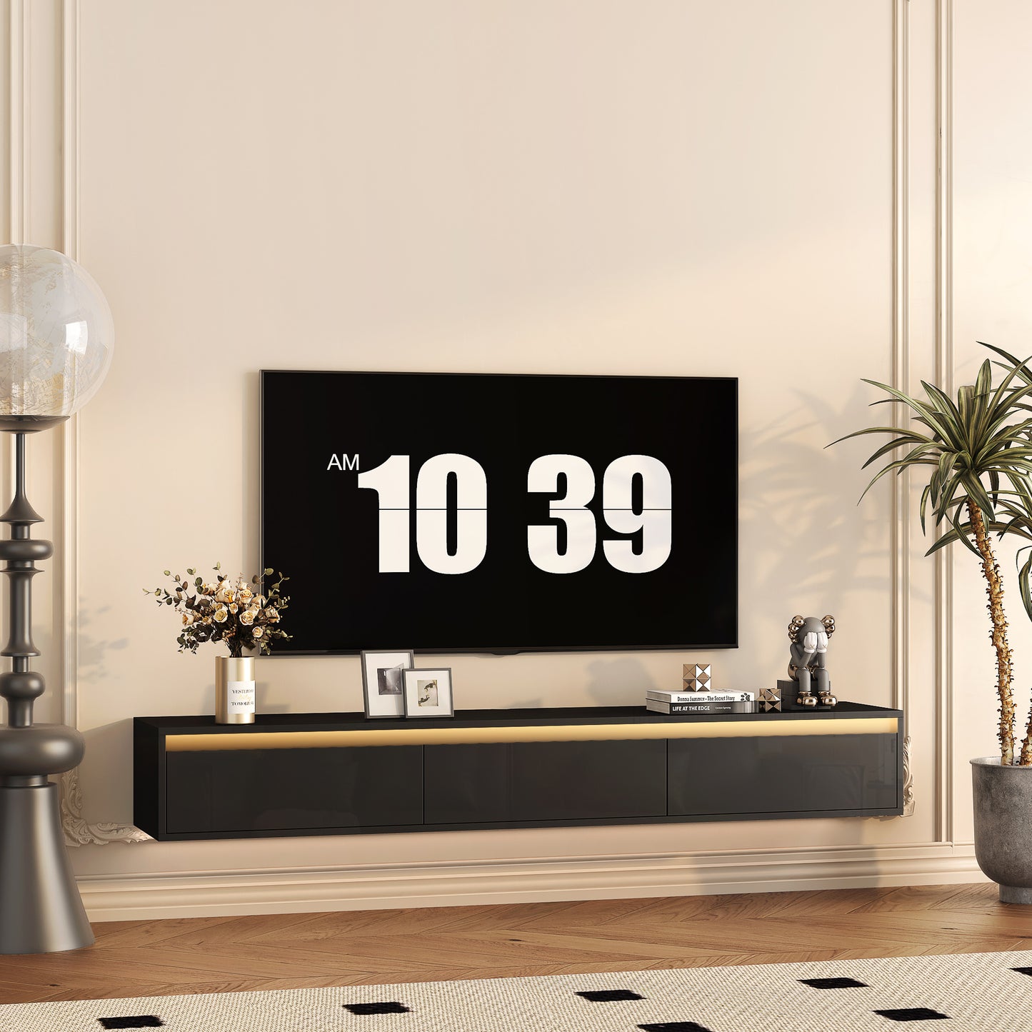 Floating TV Stand with LED Lights - Wall Mounted Entertainment Center with Storage Shelves, Power Outlets & USB Ports (Black High Gloss)