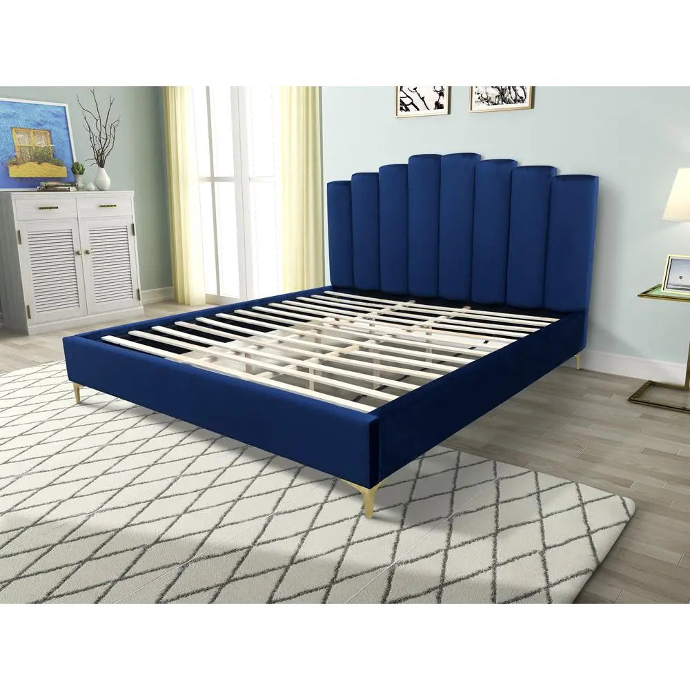 Sicily Queen Platform Bed – Royal Blue Velvet with Gold Tapered Legs