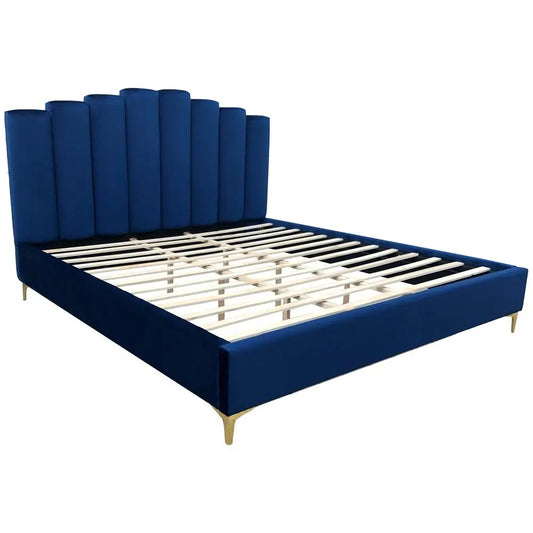 Sicily Queen Platform Bed – Royal Blue Velvet with Gold Tapered Legs