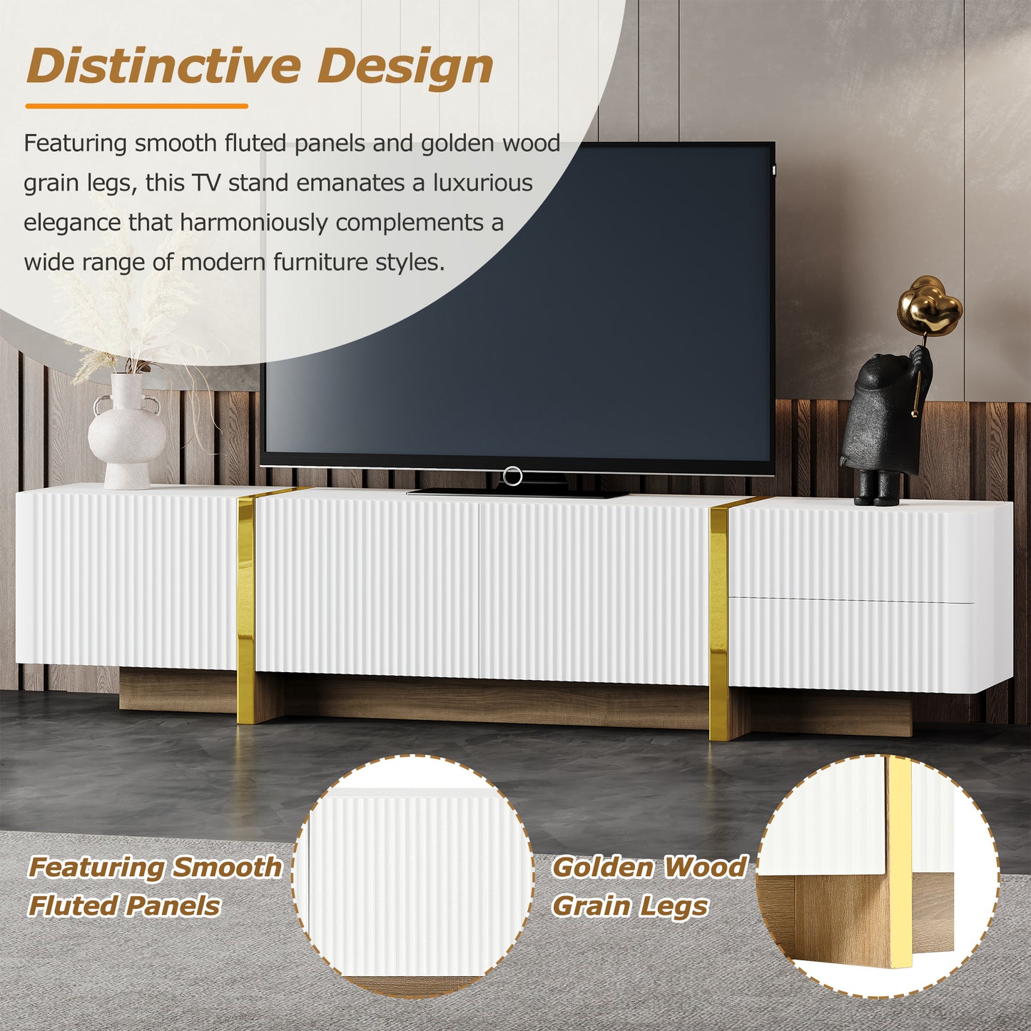 Modern Fluted TV Stand for TVs up to 80" - White Entertainment Center with Storage Cabinets & Drawers | Mid-Century Media Console with Wood Grain Legs
