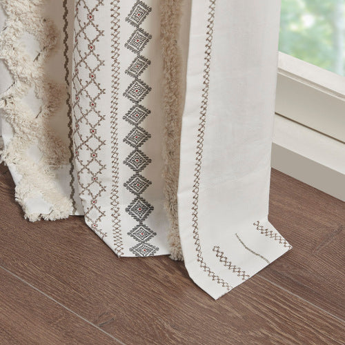 Ivory Boho Cotton Curtain Panel with Chenille Stripe - 50 x 84 Light Filtering Window Curtain (Single Panel)