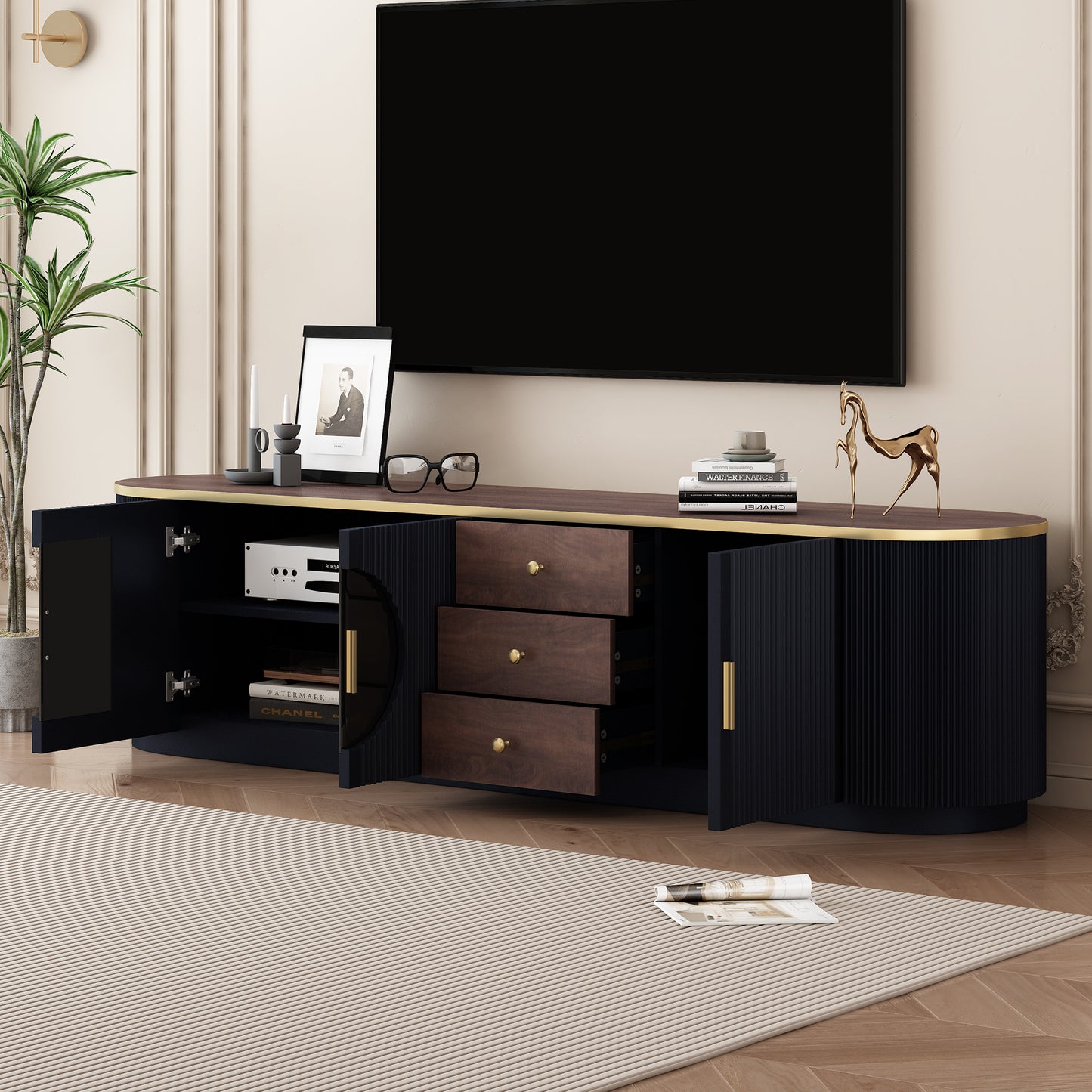 The "Vibe Haus" 70" Ultra-Wide Entertainment Center | Modern Fluted Console with Gold Accents