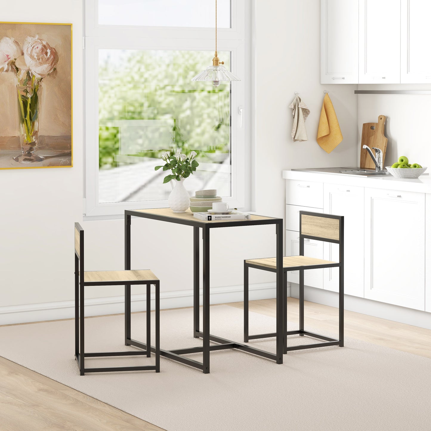 3-Piece Space-Saving Dining Set - Industrial Kitchen Table with 2 Chairs, Compact Small Space Dining Set (Oak & Black)