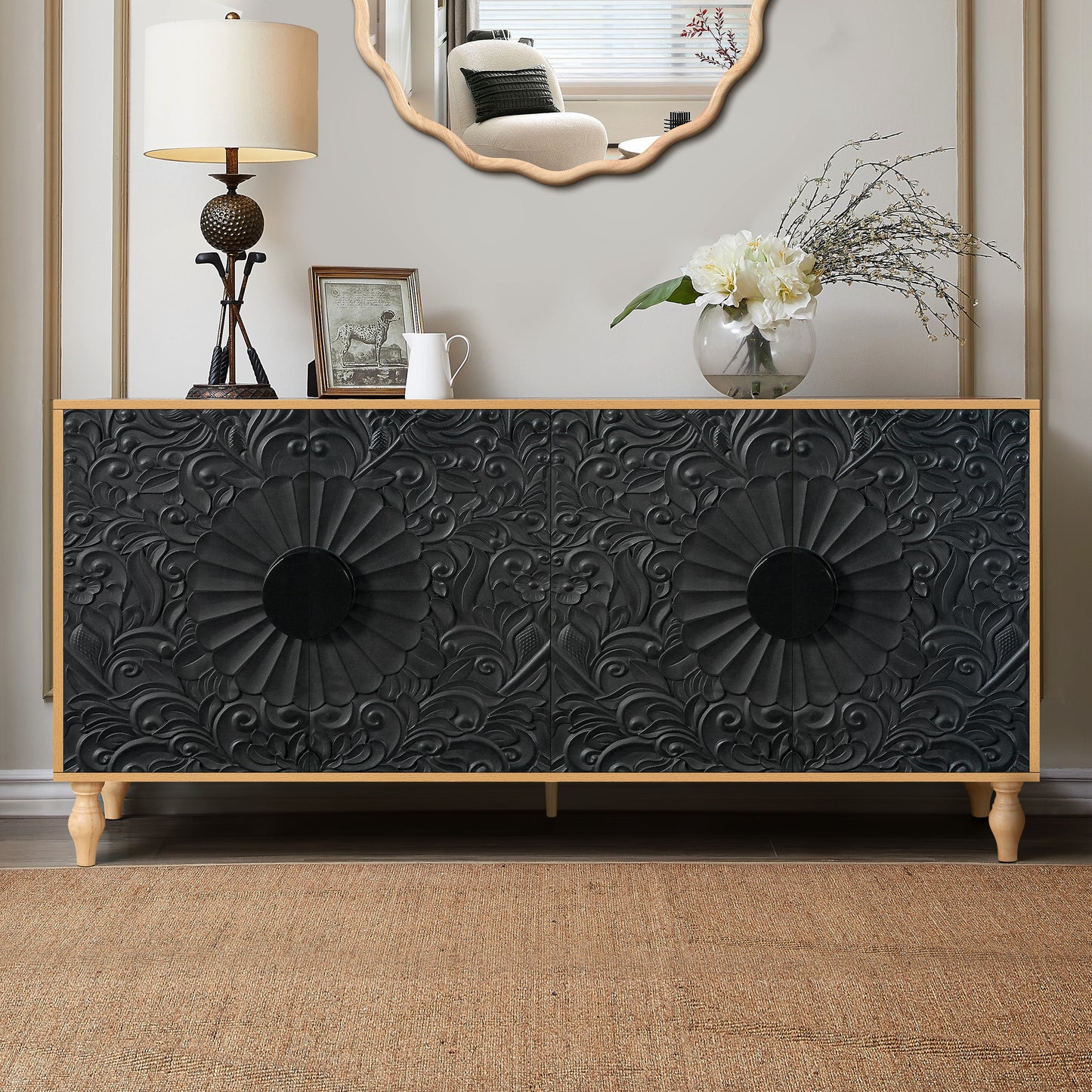 Natural Wood TV Stand Cabinet with Black Carved Doors - 4 Door Storage Console | Decorative Living Room Media Cabinet