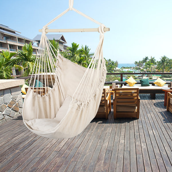 Boho Cotton Canvas Hanging Chair with 2 Pillows - Beige Hammock Swing Chair for Indoor & Outdoor Decor