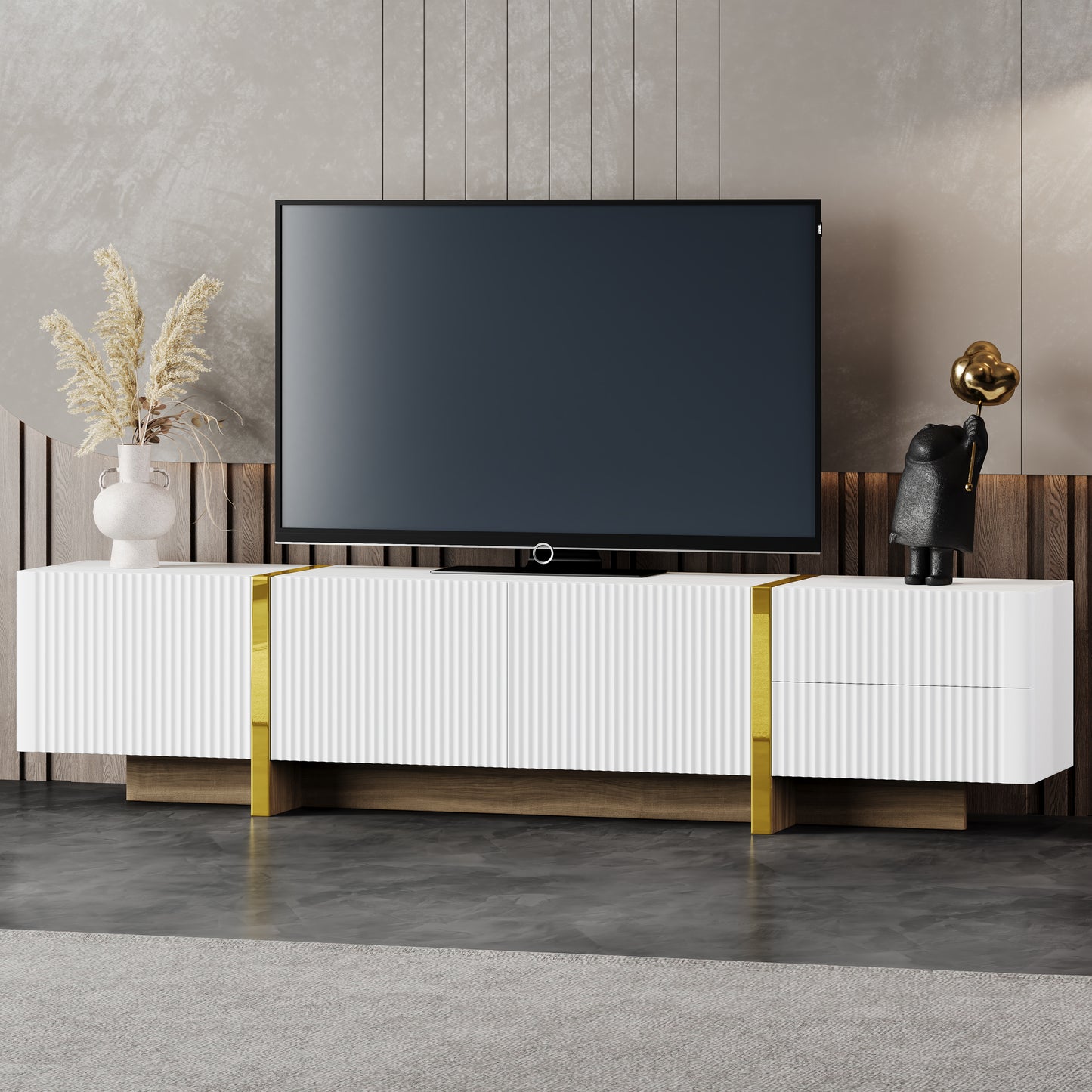 Modern Fluted TV Stand for TVs up to 80" - White Entertainment Center with Storage Cabinets & Drawers | Mid-Century Media Console with Wood Grain Legs